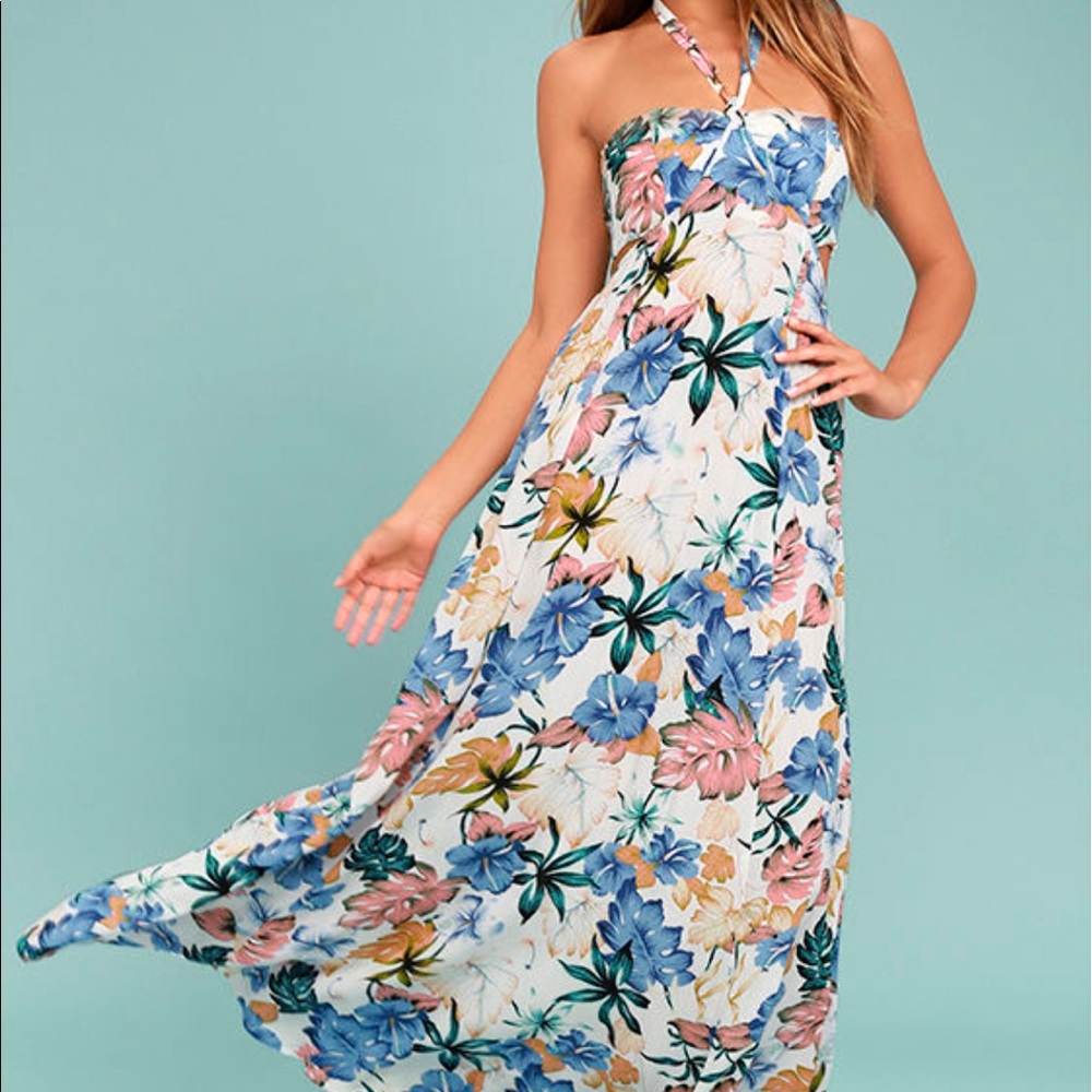 Lulus Island Ivory Floral Print Halter Maxi Dress